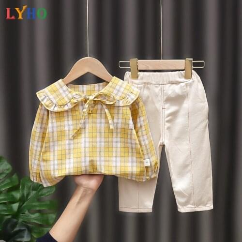 Baby Plaid Clothing Girls Outfit Fashion Lotus Leaf Collar Shirt + Trousers 2 PCS/Set Children Costume for 1 2 3 4 Y Party