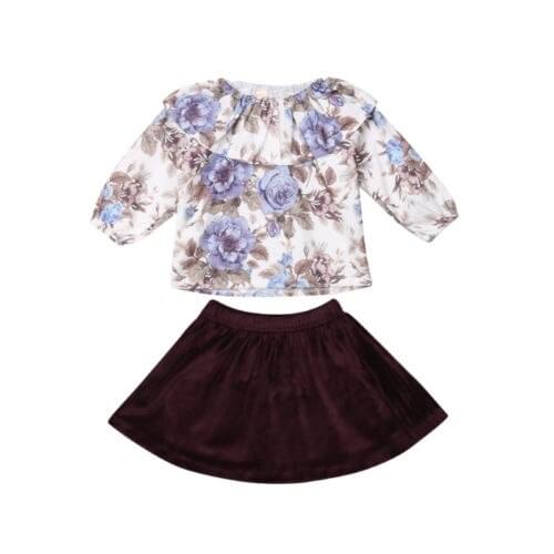 2018 Brand Toddler Kids Baby Girl Floral Ruffle Tops Blouse Skirts 2PCS Outfits Clothes Size 0-4T
