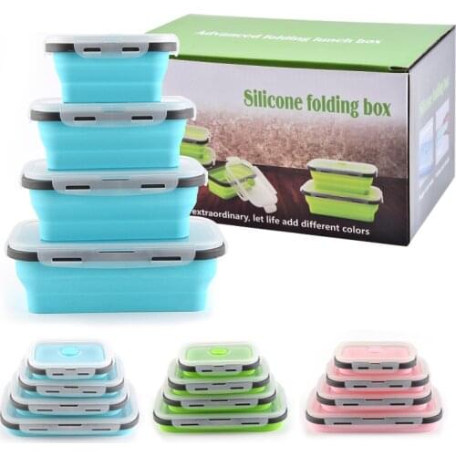 4pcs Per Set Silicone Collapsible Foldable Kitchen Microwave Safe Leakproof Silicone Lunch Box Food Container Container