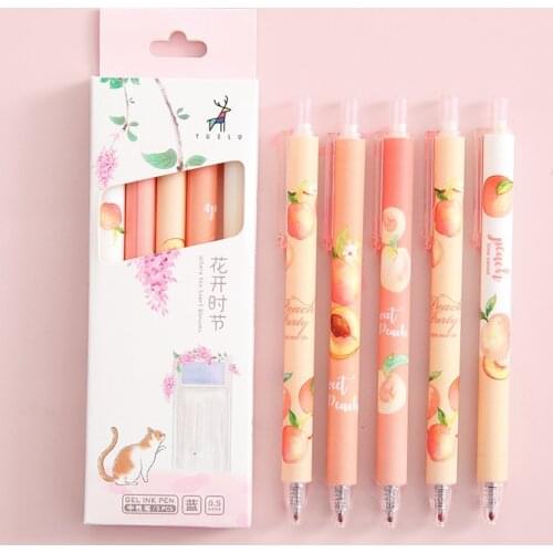5Pcs / Set Cute Gel Pens Retractable 0.5mm Black Signature Pen Kawaii Peach Kitten Pen Stationery Kids School Office Supplies