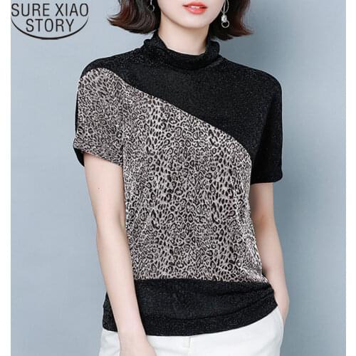 Silver Leopard Print Short Sleeve Blouse Turtleneck Shirt Bat Sleeve Spring 2021 Women Fashion Bright Yarn Bottoming Shirt 12852