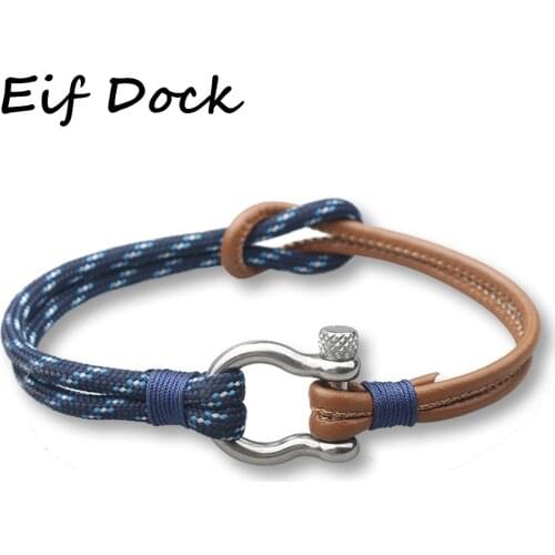 Eif Dock Navy Style Camping Parachute Cord Survival Leather Anchor Bracelet Men Women with Silver U Stainless Steel Sport Buckle
