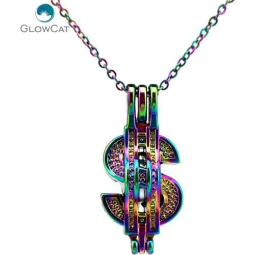 C753 Rainbow Color Dollar $ Symbol Beads Cage Pendant Aroma Essential Oil Diffuser Locket Necklace