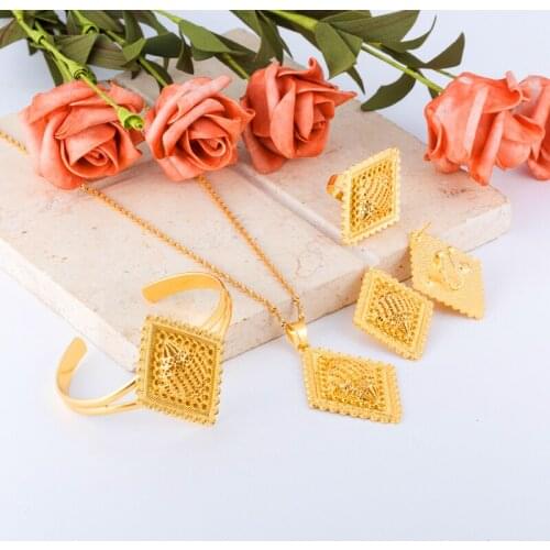 Ethiopian Jewelry Gold Color Eritrea Habesha Sudan set African Bridal Wedding Gift Dubai Pendant Necklace Earring Arab for Women