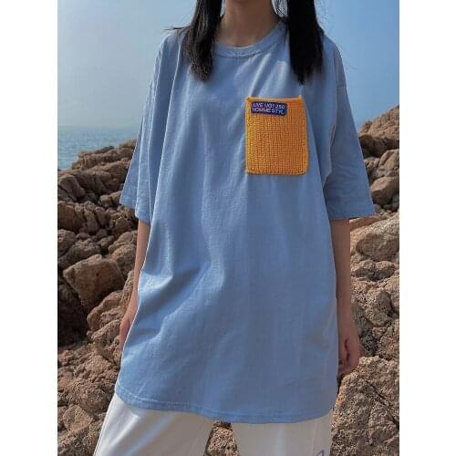 Street neutral contrast pocket short sleeve T-shirt womens summer new loose BF sleeve head half sleeve top tide tees