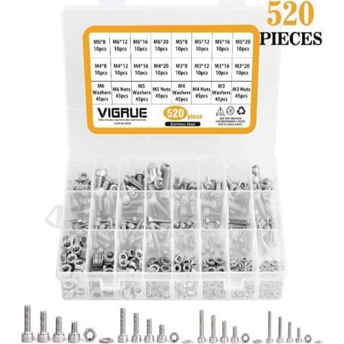 520PCS M3 M4 M5 M6 304 Stainless Steel Cylinder Head Hexagon Screw Nut Flat Washer Kit