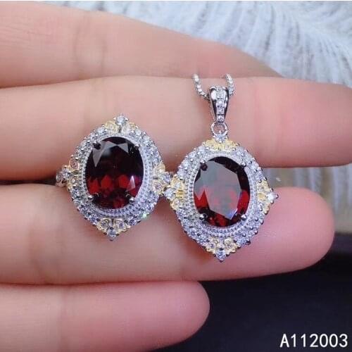 KJJEAXCMY Fine Jewelry 925 sterling silver inlaid natural garnet female ring pendant set luxury Support detection