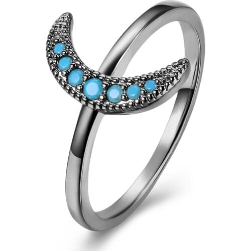 Cute Blue Stone Moon Ring Jewelry Black Gun Color New Fashion Wedding Bands Finger Ring For Women Accessories Bijoux Femme Gifts