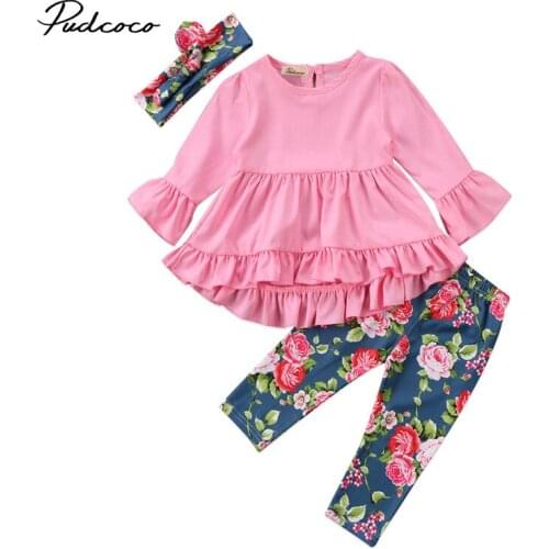 Newborn Clothing Set Fashion Infant Baby Girl Floral Flower Lace Falbala Dress Headband Pants Outfits