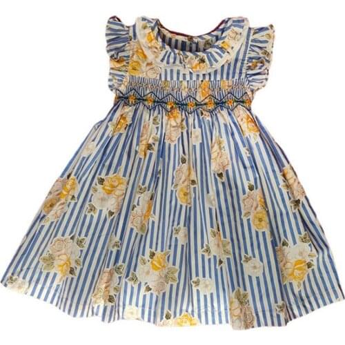 Baby Girl summer vintage Hand Smocking dress embroidered sleeveless Cotton Princess printed dress