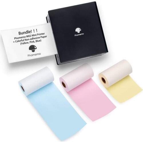 Phomemo M02 Mini Printer- Bluetooth Thermal Photo Printer with 3 Rolls Colorful Non-Adhesive Paper, Compatible with iOS/Android
