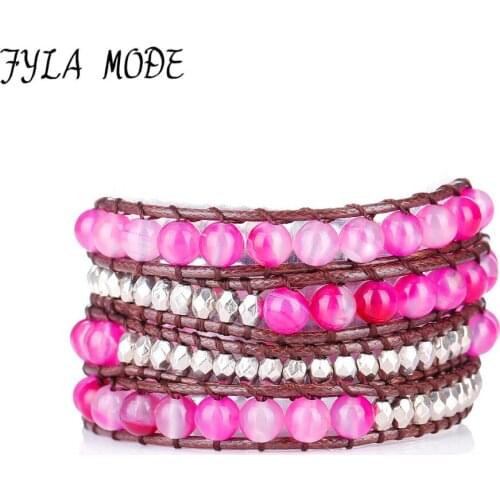 Fyla Mode Natural Quality Rose Red Striped Stone Beaded 4 Wrap Bracelet Braided Rope Bracelets Woven Wrap Bacelets New 2017