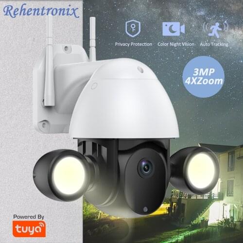 3MP Outdoor Floodlight Security Camera Tuya WiFi Dome IP Camera Color Night Vision Wireless Security PTZ Camera Waterproof Cam