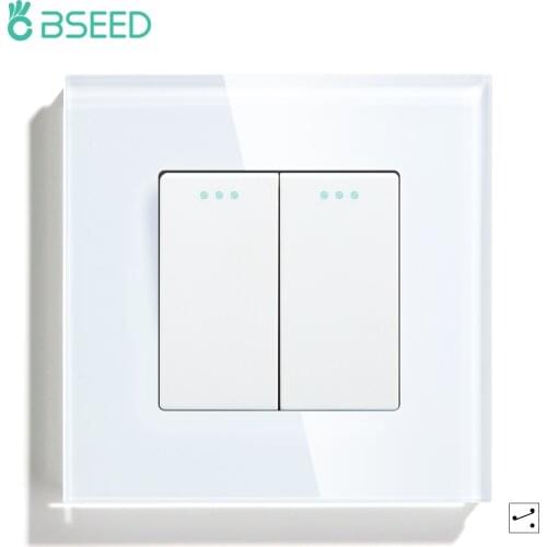 BSEED Wall Switches Push Button 1/2/3Gang 2Way Crystal Glass Panel Mechanical Switches EU Standard White Black Golden