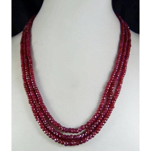 Natural 3 Rows 2x4mm Faceted Ruby Gemstones Roundel Beads Necklace AAA 17"-19"