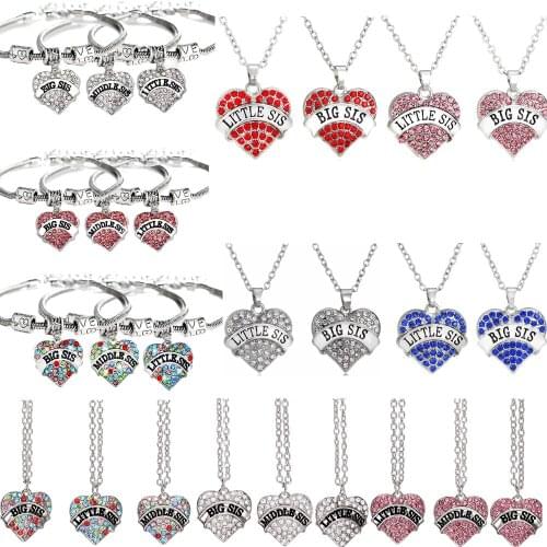 2/3PC Sisters Family Friends Necklace Crystal Rhinestoine Love Heart Pendant Charm Chain Big Little Middle Sis Women Jewelry BFF