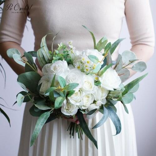 PEORCHID Green&White Beach Bridal Bouquets Roses Ramo flores Artificiales Bridesmaid Holding Flowers Wedding Boeket