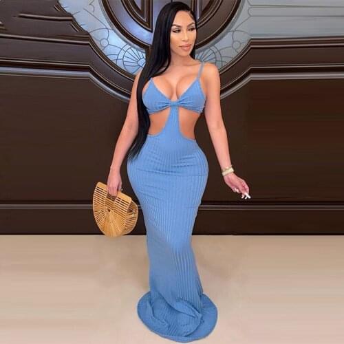 Hirigin Knitted Spaghetti Strap Maxi Dress Hollow Bodycon Night Dress Women Summer Clothing Sleeveless Club Ladies Long Dresses