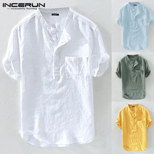Casual Men Shirts Stand Collar Solid Loose Cotton Blouse Short Sleeve Brand Shirts Retro Harajuku Camisas Hombre Summer INCERUN