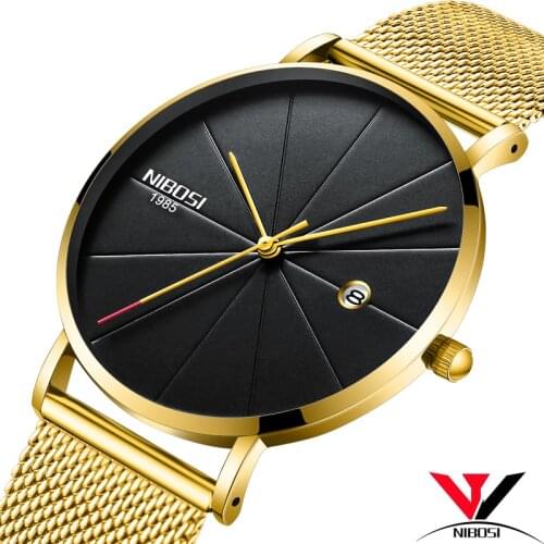 Relogios NIBOSI Masculino Thin Watches For Men Luxury Brand Mesh Strap Waterproof Golden Unisex Watches for Women/Men