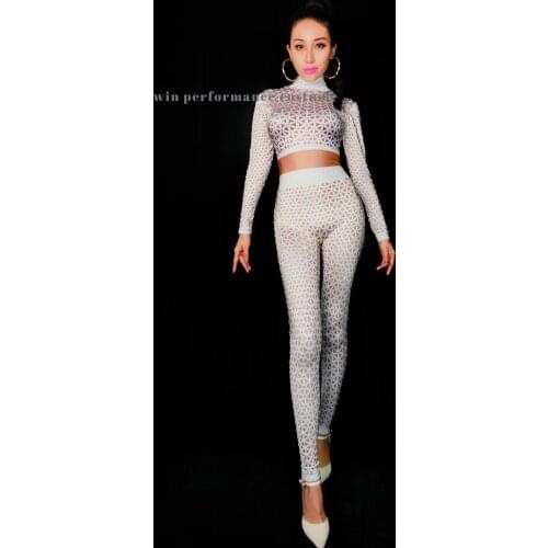 Sexy Two Piece Set stand neck Long Sleeve Crop Top Party Clothing Outfit Women ] staggered mesh pattern bar singer dance