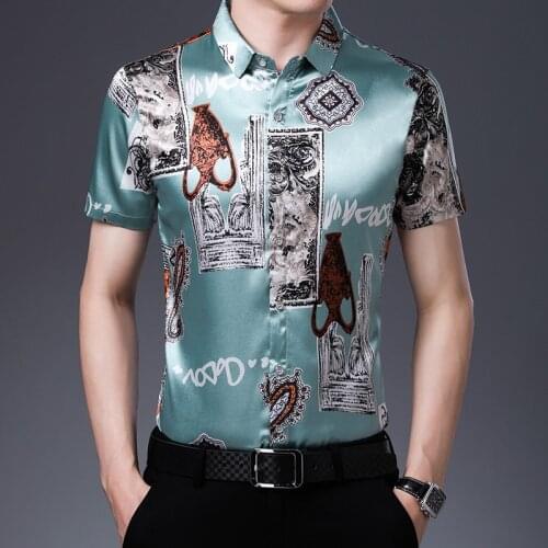 Silk Mens Shirts Satin Fashion Mens Vintage European Clothing Beachwear 2020 Luxury Shirts Mens Baroque Print Shirts Large Size