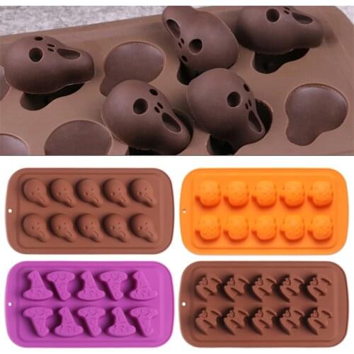 Halloween Silicone Moulds 10 Grid Pumpkin Skeleton Heads Wizard Hats Bats Baking Mold Halloween Chocolate Cake Decor Baking Tool