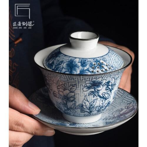 Blue and White Cover Bowl Dish Tea Tureen Jingdezhen Large Capacity Household Tea Maker Kung Fu Gaiwan Drinkware