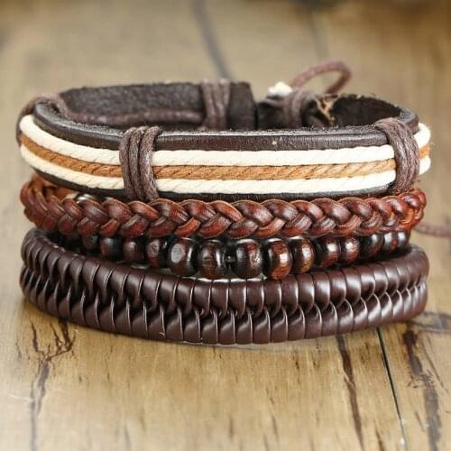 Mix 4Pcs/Set Wrap Bracelets for Men Woman Vintage Hemp Cords Wood Beads Ethnic Tribal Bracelets Leather Wristbands