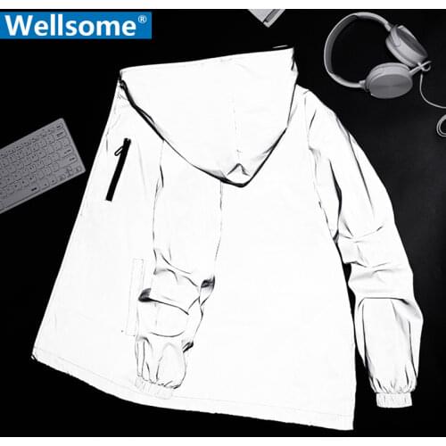 Noctilucent Streetwear mens reflective jacket women windbreaker casual hip hop Hooded coats mens streetwear night shiny jackets