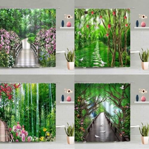 Spring Natural Scenery Shower Curtain Green Forest Bamboo Plants Flowers Deer Peacocks Bathtub Decor Screens Washable With Hooks