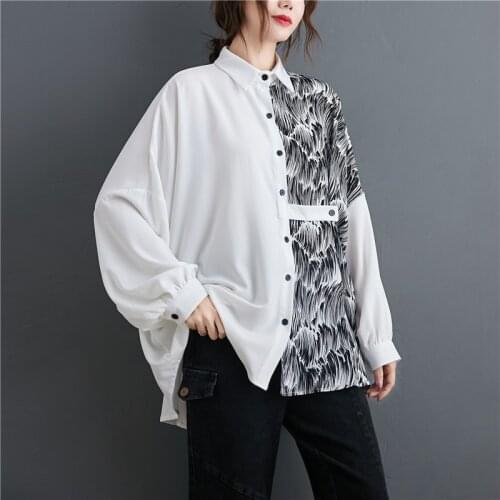 QPFJQDQ 2021 New Ink Abstract Printing Autumn Stitching Button Tie Shirt Large Size WomenS Bat Long Sleeves Buttoned