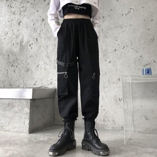 HOUZHOU Gothic Techwear Black Cargo Pants Women Punk Streetwear High Waist Joggers Oversize Casual Trousers For Female Harajuku