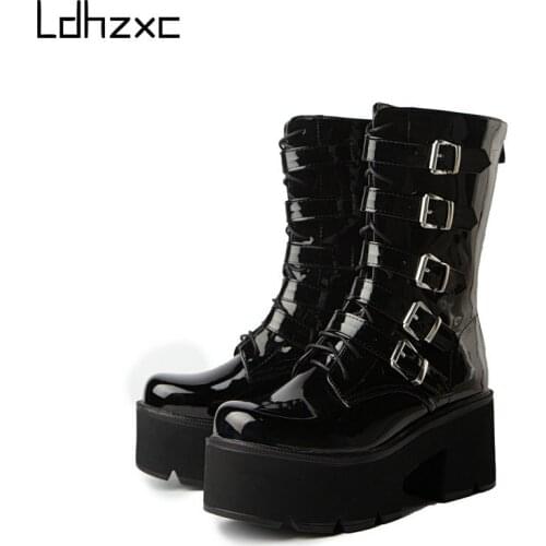 2021 Square Toe Autumn Winter Ladies Pumps Cow Leather PU All Match Women Shoes Square Heel Ankle Boots Black Size 34-40
