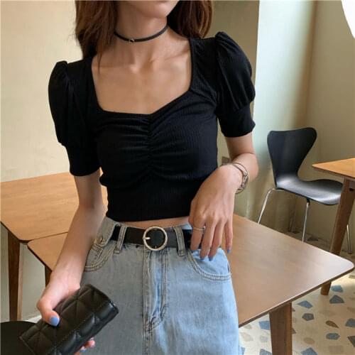 Woman Sweaters Pullover Summer 2021 V-neck Pleated Puff Sleeve High Waist T-shirt Womens Top Shirt Femme Chandails
