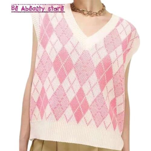 Pullovers Diamond Lattice Sweater Vest Tops Long Sleeve V-Neck Women Fashion Chunky Sweaters Shirts