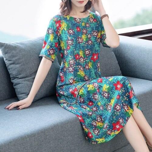 Ladies Dresses Summer High-end Fashion Floral Holiday Beach Dress Casual O-neck Short Sleeve Loose Female Vestidos Printed r56