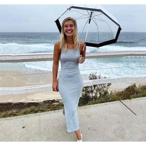 2021 Women Solid Color Long Dress Sleeveless O-neck Side Split High Waist Bodycon Dress for Daily Wear Home Wear Sports Street