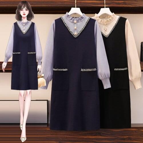 EHQAXIN Plus Size Womens Knitted Dresses Fashion Elegant Stitching Wood Ear Collar Button Lace Long-Sleeved Dress Ladies M-4XL