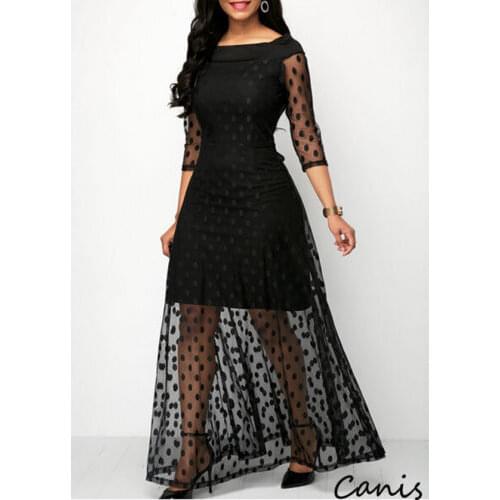 Newest Dot Mesh Bohemia Dress Womens Party Long Sleeve Bodycon Dot Slash Neck Black Lace Long Mesh Short Dress Plus Size