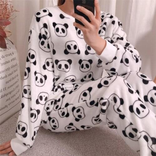 Winter Flannel Pajama Set Womens Fleece Pajamas Panda Sleepwear Home Clothing Thick Warm Coral Velvet Nightgown Suit Homewear