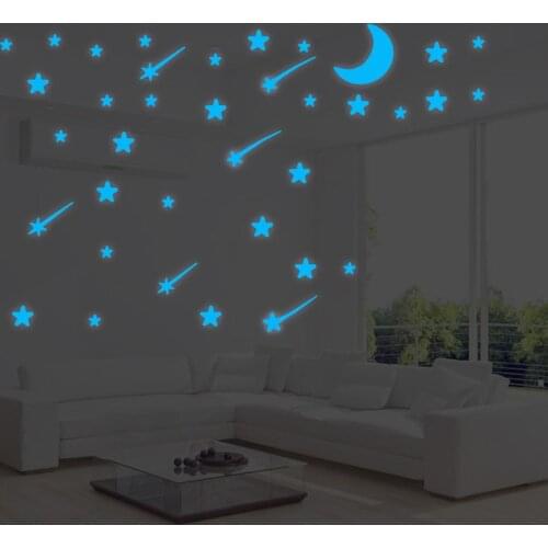 103pcs Star&Moon Energy Storage Fluorescent Blue Luminous Stickers Star Decals Glow In The Dark Living Room Children Room Decor