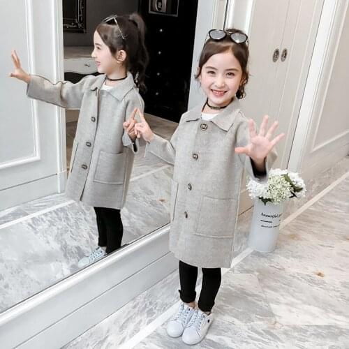2021 Grey Winter Autumn Woolen Coat Girls Kids Thicken Outerwear Teenage Top Costume Ruffle Evening Party Childrens Clothing