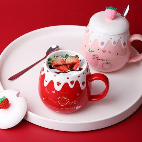 450ml Ceramic Cute Strawberry Coffee Mug with Lid Spoon Couple Cups Creative Porcelain Home Breakfast Milk Water Cup Drinkware