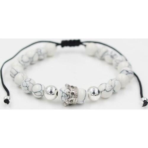 8mm cgg43 gold silver micro pave cz zircon cubic zirconia Bracelet adjusted nature stone bead Crown white Howlite Bangles