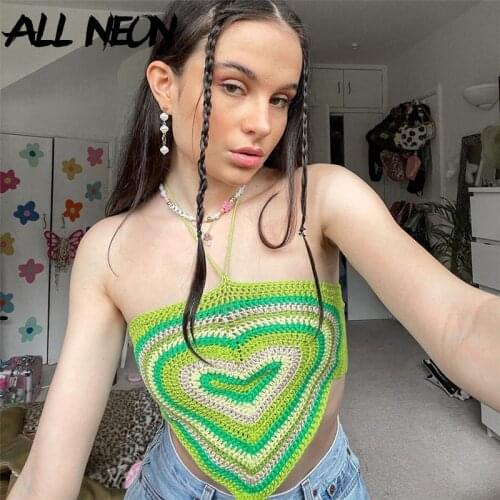 ALLNeon 2000s Aesthetics Heart Print Crochet Halter Tops Y2K Streetwear Cute Lace-Up Backless Knit Vests Summer Sexy Tank Tops