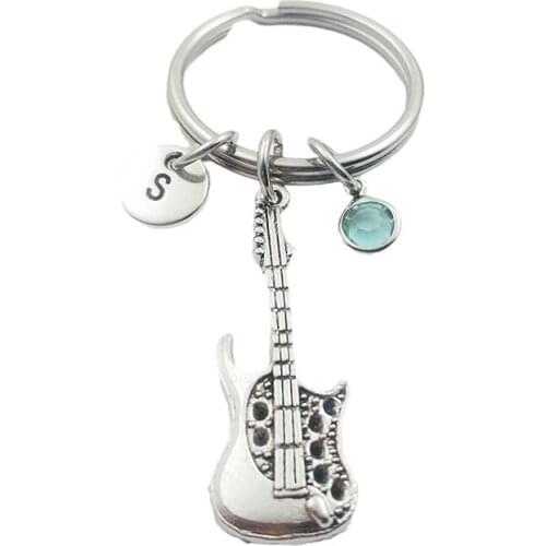 Guitar Music Initial Letter Monogram Birthstone Keychains Keyring Creative Fashion Jewelry Women Gifts Accessories Pendant