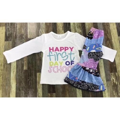 Baby girl back to school cute alphabet long sleeve patchwork bell bottom set