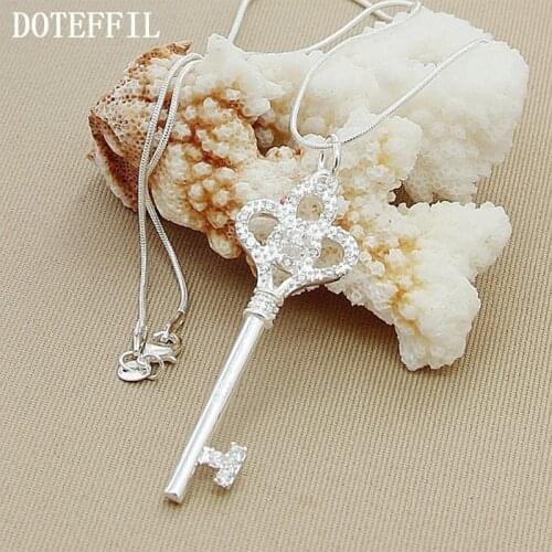 DOTEFFIL 925 Sterling Silver Flower Key Pendant Necklace AAA Zircon 18 Inch Snake Chain For Woman Fashion Wedding Jewelry