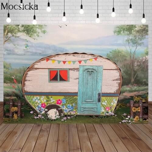 Spring Backdrops Wooden Decor Car Green Door Woods Photography Background Newborn Child Birthday Portrait Backdrop Photo Studio
